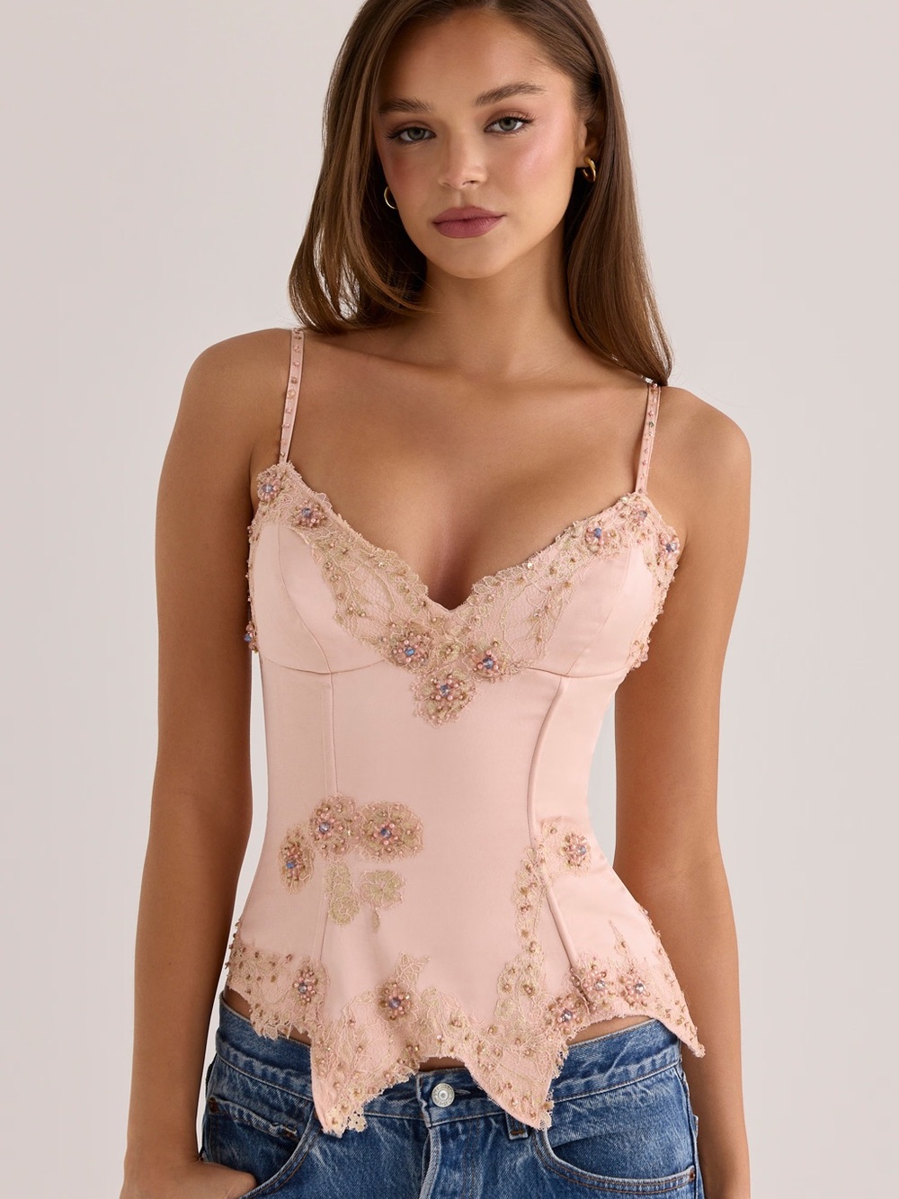 House of Cb SALOMA
Blush Satin Custom Hand Beaded Embellished Corset Top NWOT